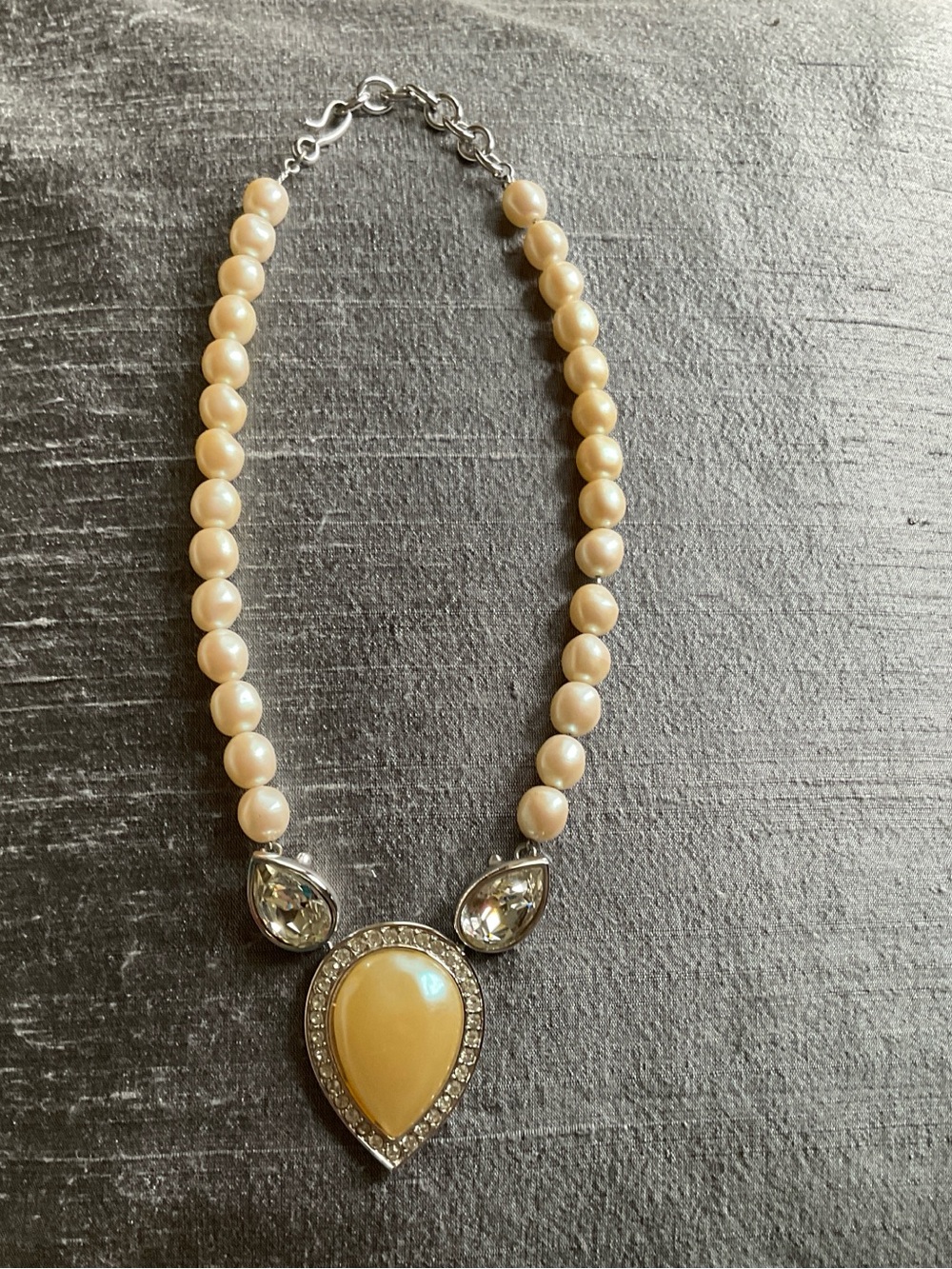 Yves Saint Laurent YSL Pearl Necklace with Swarovski Crystals Pendant Signed
